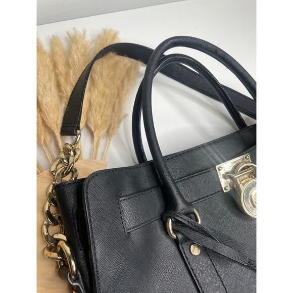 Michael Kors Hamilton Black Leather Satchel Shoulder Bag Tote Bag Gold Chain - Picture 3 of 13